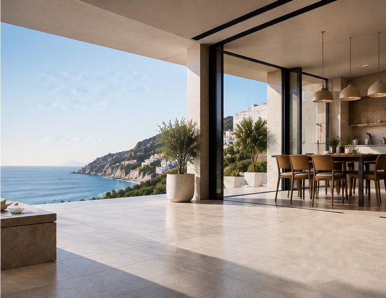 Terraza con solado de mármol y vistas al Mediterráneo